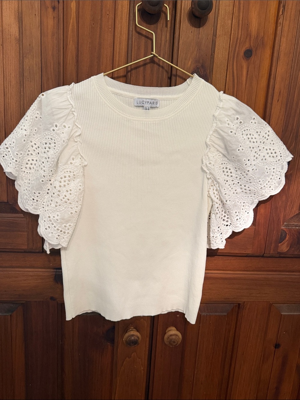 Lucy Paris Cream Eyelet Flutter Sleeve Knit Top